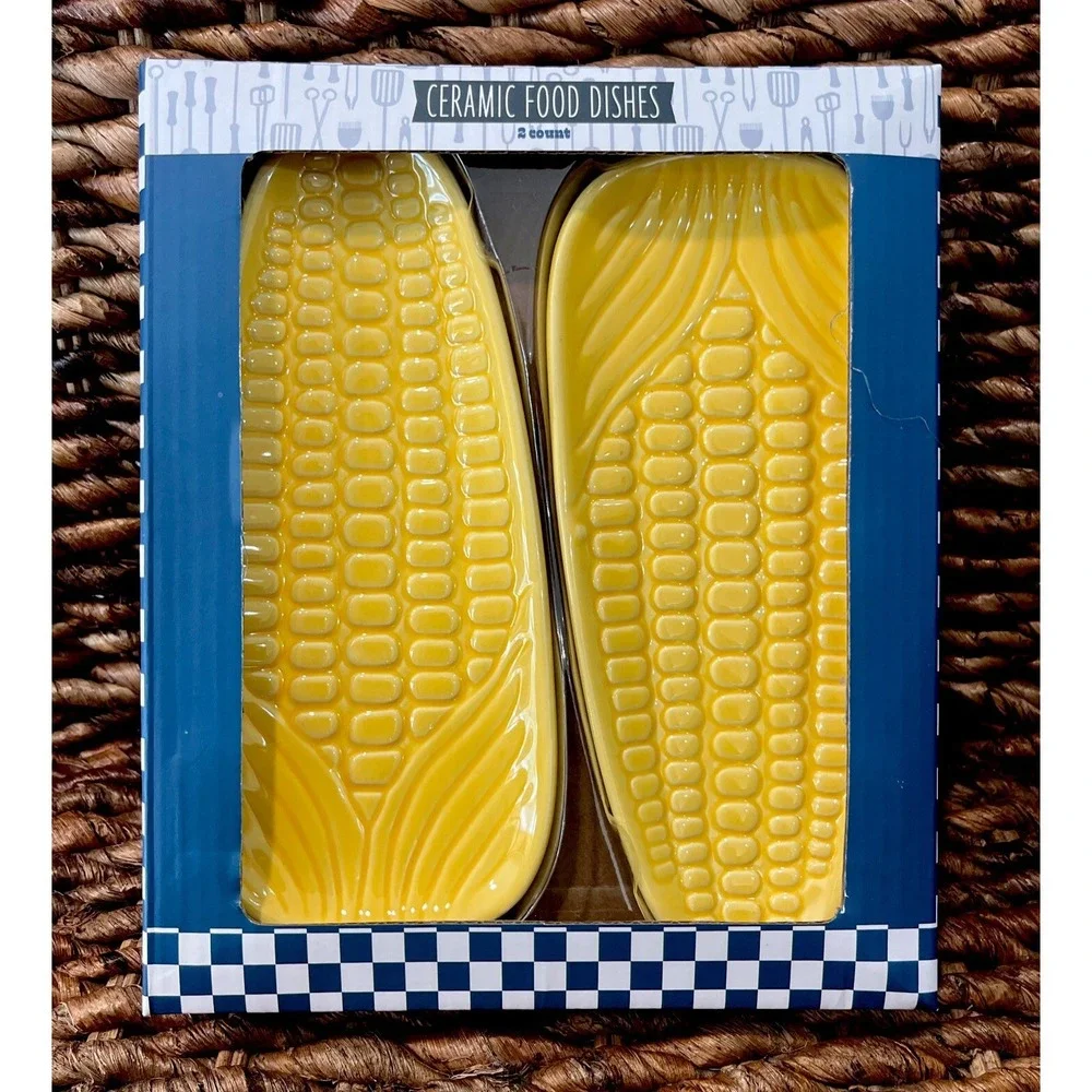 Set of 2 Ceramic Ear of Corn On The Cob Ceramic Plates Dishes Trays Bbq NEW